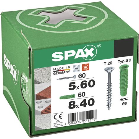 Vis SPAX, type SD, 8 x 40 mm + vis universelle SPAX, 5 x 60 mm, tête fraisée, filetage partiel, T-STAR plus T20, WIROX, 60 + 60 pièces - 5000001200025