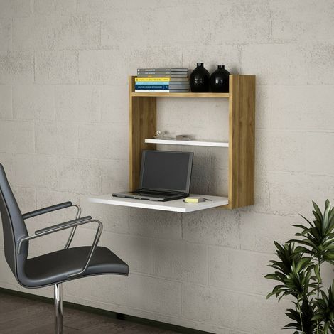 Dmora - Scrivania Pola, Scrittoio multiuso, Tavolo per ufficio porta PC, Piano di lavoro, 60x20h60 cm, Bianco e Noce, con imballo rinforzato, con imballo rinforzato (1/5)