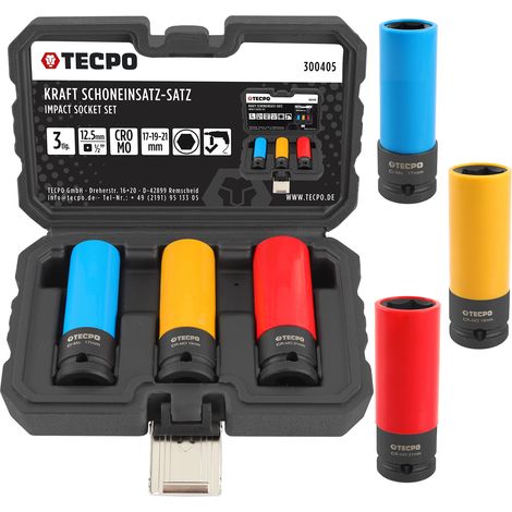 TECPO Kraft Schoneinsätze 3-teilig Alu-Felgen Nuss Set Steckschlüssel Satz Stecknüsse SW 17mm 19mm 21mm