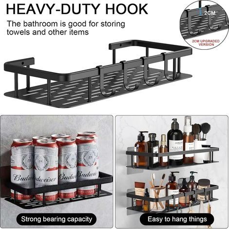 Duschablage ohne Bohren – Aluminium mit 4 Haken – Selbstklebende Montage – Hohe Tragkraft bis zu 20 kg – Für Bad und Küche – (1/4)