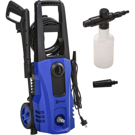 Set idropulitrice a 5 pezzi, con ruote, tubo ad alta pressione da 6 metri, 1800 watt, portata massima: 510 litri/ora, pressione di esercizio: 150 bar, colore blu, installazione in loco. (1/5)