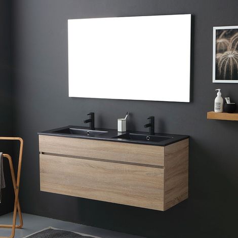 Kiamami Valentina – Meuble de salle de bain suspendu 120cm chêne Well – Double lavabo en céramique noir mat – Grand tiroir extractible avec fermeture soft-close