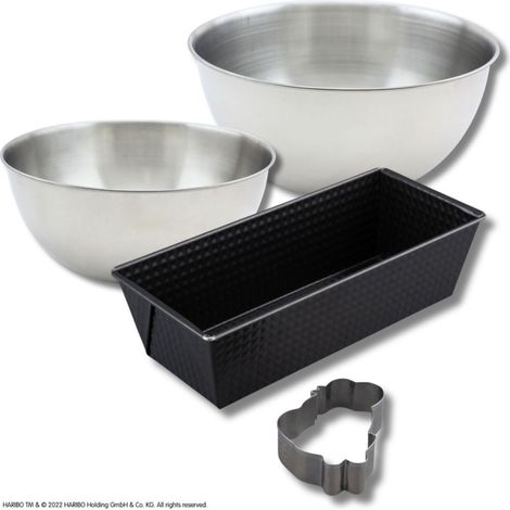 Set pâtisserie avec moule à cake 25 cm et emporte-pièce motif ourson, 2 bols à mixer et spatule Zenker (1/5)