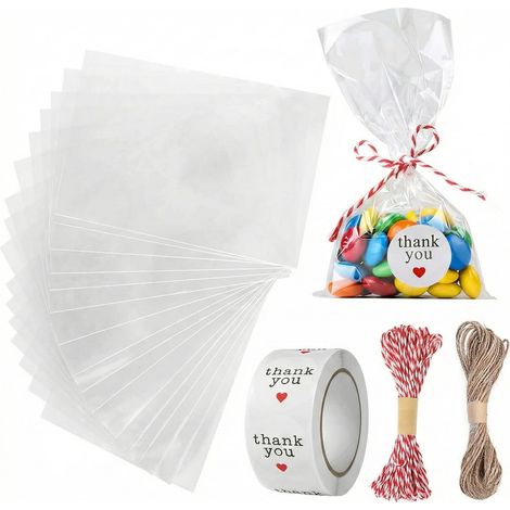 200pcs Sac Plastique Transparent 10(W)15(L)cm avec 500pcs autocollant de sceau 10M Ficelle de Jute et 10M Ficelle Rouge et Blanche Corde (1/5)