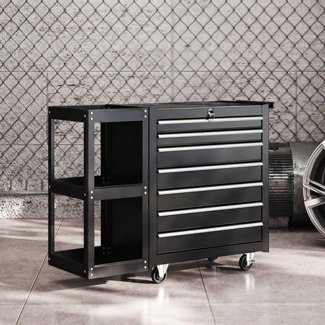 Servante d'Atelier en Acier à 7 Tiroirs, Chariot à Outils sur Roulettes avec Étagère Latérale Amovible, Noir (1/5)
