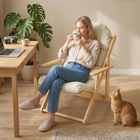 Fauteuil lounge en bois pliable et inclinable, fauteuil de relaxation confortable avec coussin épais (1/5)