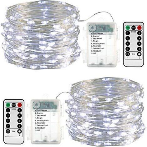 Set of 2 battery-operated 10m (100 LED) LED string lights, waterproof, for outdoor use, with remote control, timer and dimming function (white).