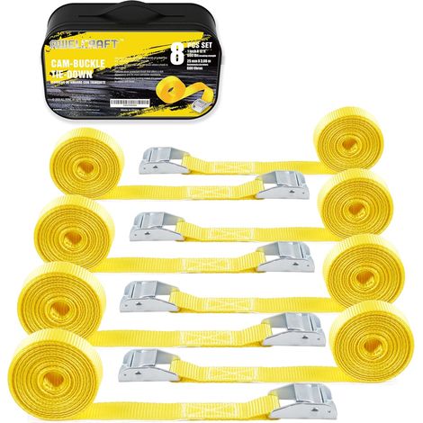 Lot de 8 Sangles à Came – 2,5 cm x 3,6 m, Résistance à la Rupture de 272 kg, Jaunes avec Sac de Transport – Idéal pour Voiture, Camion, SUV, Moto, Galerie de Toit (1/5)