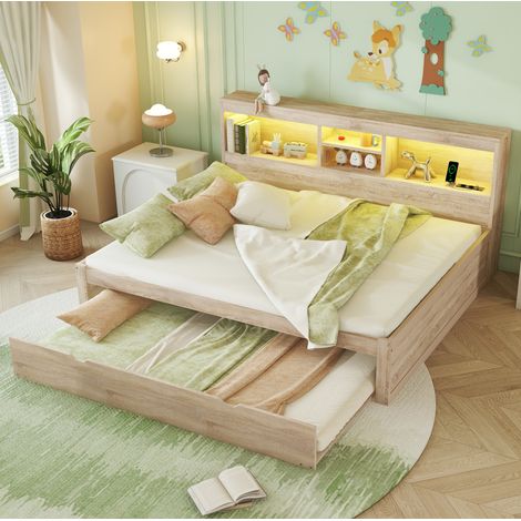 Tagesbett 140x200 cm Natur aus Spanplatte und MDF mit Ausziehbett, LED-Beleuchtung, Steckdose und USB (1/5)
