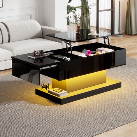 Tavolino da caffè 100x50x45 cm nero in pannello truciolare con piano alzabile idraulico, piano scorrevole, LED e contenitore (1/5)