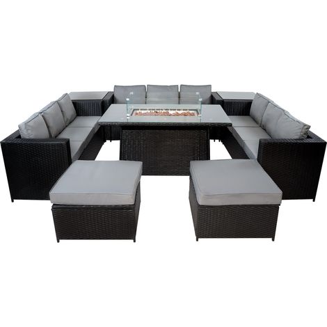 Set Giardino Rattan 11 Posti Nero Divani Sgabelli Tavolo Firepit (1/5)