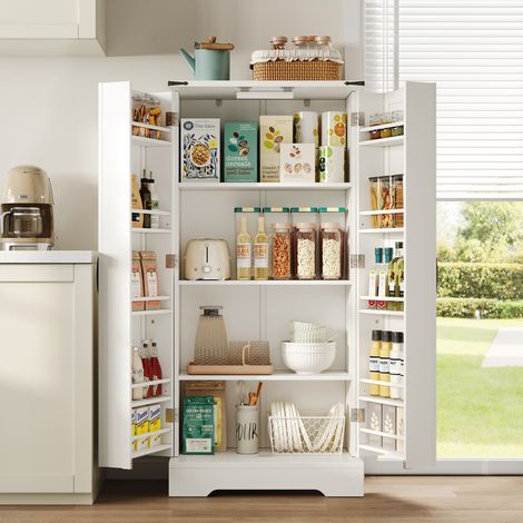 Tanant – Desserte de cuisine avec éclairage LED – 4 compartiments de rangement – 2 portes battantes – Étagères réglables – MDF blanc moderne (1/5)