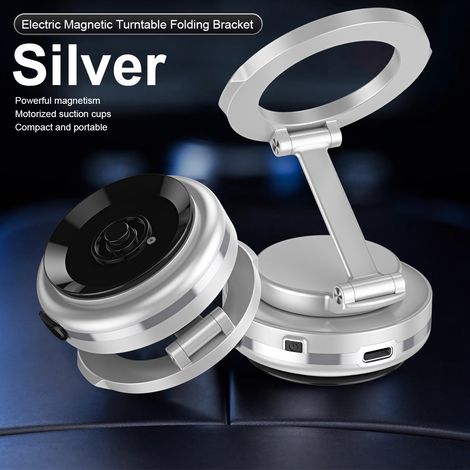 Car Vacuum Adhesive Phone Holder, Magnetic Car Interior Mount, 360° Rotating Phone Navigation Holder - Silver (1/3)