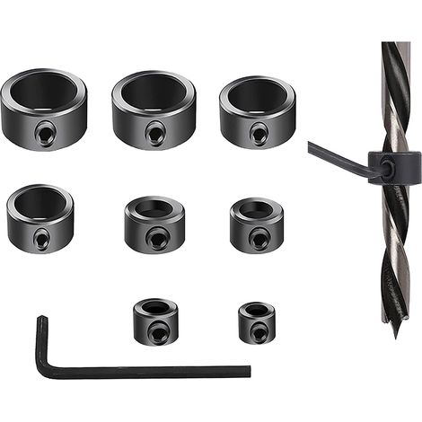 9 Pcs Colliers D'arrêt de Profondeur, Réglable Butée de Foret, Butées de Profondeur de Forage, Colliers de Limitation avec clé Hexagonale 3–16 mm(Noir) (1/5)