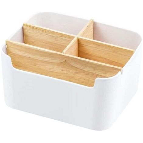 Desk organizer, wooden pen holder, desk storage, wooden remote control holder, multifunctional box, bamboo desk accessory set for pencils and notes, white