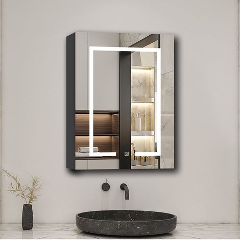 Acezanble Bathroom LED Mirror Cabinet with 3 Colour Lights Socket 50x70cm Illuminated with Demister Memory Function Dimmable Touch Switch Grey MDF (1/5)