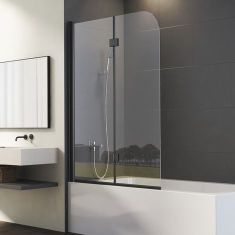 Schwarz Duschwand für Badewanne 120x140cm Badewannenaufsatz 2-teilig Duschtrennwand für Badewanne Duschwand Badewanne Faltwand Duschabtrennung Badewanne, 6mm NANO ESG Glas