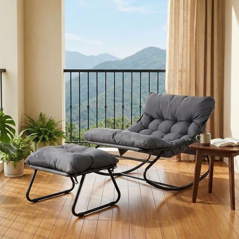 Sedia a dondolo con sgabello, patio, sedia a dondolo con imbottitura, portata fino a 150 kg, impermeabile, Grigio (1/5)