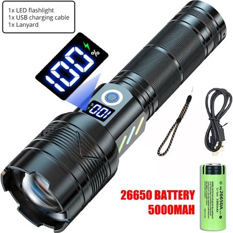 Lampe torche LEP haute puissance, haute intensité et longue portée, rechargeable par USB, batterie au lithium 26650, zoom télescopique. (1/5)