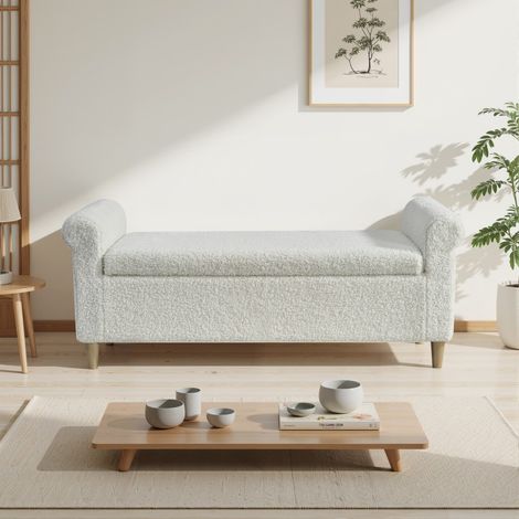 Banco con espacio de almacenamiento - 127 x 51 x 52 cm - Puf con baúl de diseño escandinavo - Salón y dormitorio - De tela blanca (1/5)
