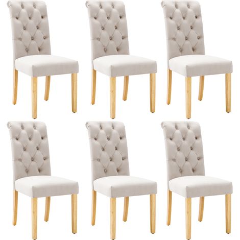 Lot de 6 chaises de salle à manger en velours beige avec pieds en chêne, accoudoirs bouton et tirette chromée (1/5)