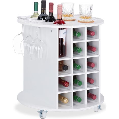 Relaxdays – Étagère à vin sur roulettes – 17 bouteilles – Dimensions HxD : 56 x 54 cm – MDF blanc – 6 supports pour verres à vin (1/5)
