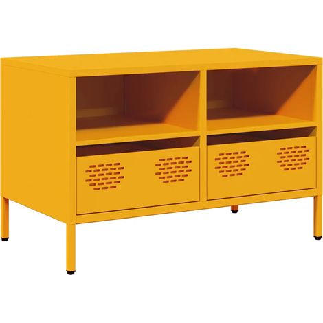 Meuble TV industriel avec rangement 68 x 39 x 43 cm design moderne salle de séjour en acier laminé à froid jaune moutarde