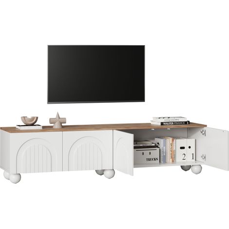 ELVMI Mueble TV 4 Puertas 2 Compartimentos Patas Esféricas de Metal Apertura a Presión Salón MDF Blanco Roble 180x40x45 cm (1/5)