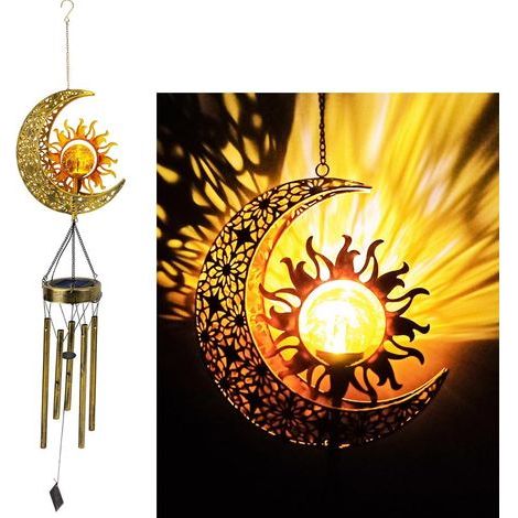 Carillon éolien Solaire Mignon Soleil et lunes lumière décorative en Fer Art Soleil et lunes, Un Carillon éolien Portable LED décoratif extérieur Cadeau pour Les Amis. (1/4)