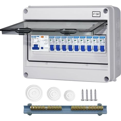 Boîte Coffret Electrique Etanche,Boîtier de Distribution avec Rangée de Cuivre,Disjoncteurs électriques 63A CA,Sectionneur 2x10A+16A+20A+32A CA,Montage sur Rail 35mm,Distribution switch box (1/5)
