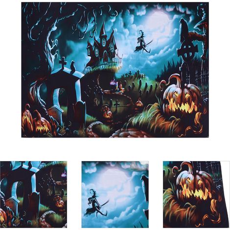 Fond toile Halloween décor anniversaire, scène nuit lune effrayante cimetière citrouilles lanternes, fond photo 230x180 cm (1/5)