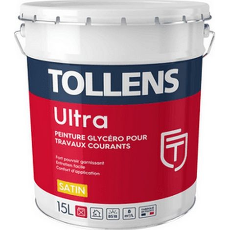 Tollens – Peinture satinée glycéro 15L – Finition lessivable – Pour murs, plafonds et menuiseries – Couleur blanc – Rendement 8m²/L