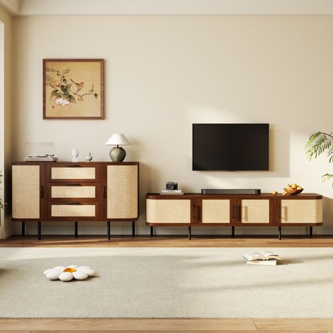 Conjunto de muebles de salón con mueble tv 180cm y aparador buffet 120cm con puertas efecto ratán rejilla y patas de metal moderno - Nogal (1/5)