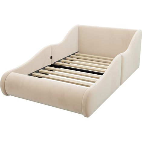Lit enfant rembourré 90 x 200 cm en velours beige avec tête de lit haute et barrières latérales