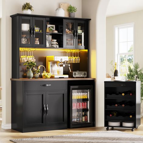REDOM Credenza da cucina 140x38x180 cm, illuminazione LED dimmerabile, carrello estraibile, portabicchieri e 9 bottiglie, MDF nero