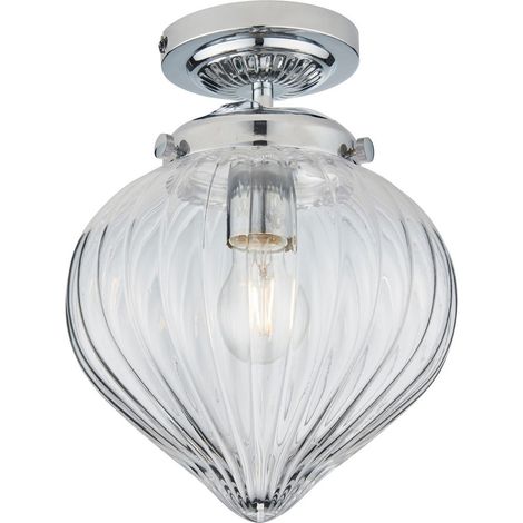 Endon Cheston Plafonnier semi-affleurant Chrome, abat-jour globe en verre strié transparent, IP44 (1/5)