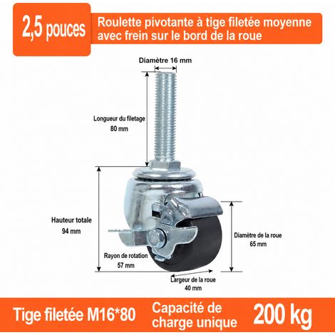 Roulette industrielle 2,5 pouces 65 mm tige filetée M16x80 nylon avec frein latéral 2.5 m16 80 200kg 2 kg – Livraison gratuite