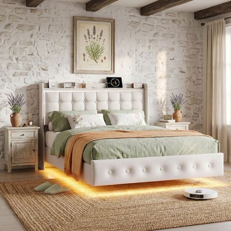 Cama 140x200 cm - Cama suspendida acolchada - Terciopelo blanco - LED integrados - Somier de lamas (1/5)