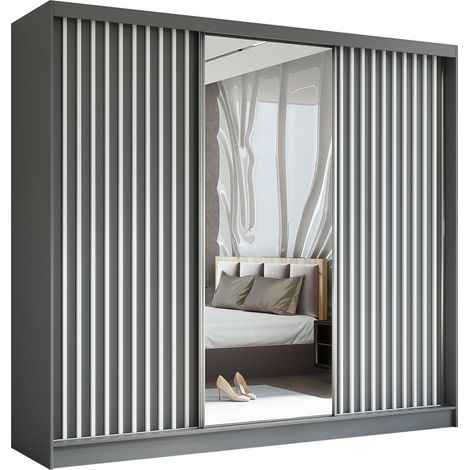 AX LIVING Cabinio Kleiderschrank Grau Weiß mit Spiegel 240 cm Breite