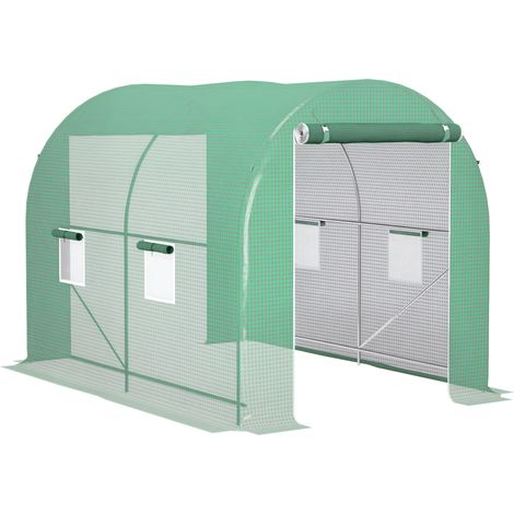 Serre de jardin tunnel 6m² vert structure tubulaire renforcée porte zippée 4 fenêtres enroulables
