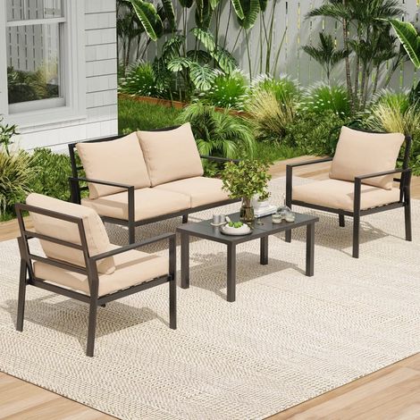 Garden Furniture 4 Seater Outdoor Sofa Set Fabric Upholstered Coffee Table with Steel frame , Beige