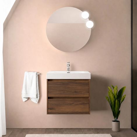 Mobile bagno sospeso 70 cm noce maya con due cassetti e lavabo in resina Gaya (1/5)