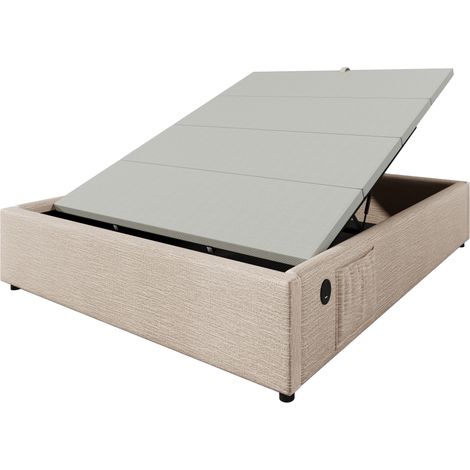 Cama doble con canapé 140 x 200 cm de lino natural con USB-C, sin cabecero (1/5)