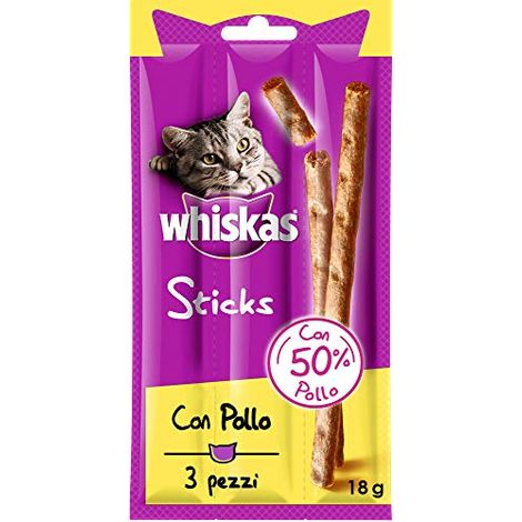Whiskas Cibo per Gatto, Sticks Ricco di Pollo 18 g 3 Pezzi - 28 Confezioni (84 Pezzi in Totale) (1/4)