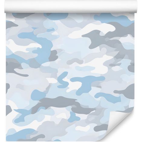 Papier peint camouflage militaire blanc et bleu azur pour salon et chambre 50x1000 cm (1/5)
