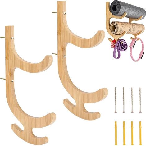 Soporte de pared de madera para esterillas de yoga, estante de almacenamiento de 2 niveles para esterillas de yoga, bambú, color burdeos, almacenamiento de madera para bandas de resistencia y cuerdas  (1/5)