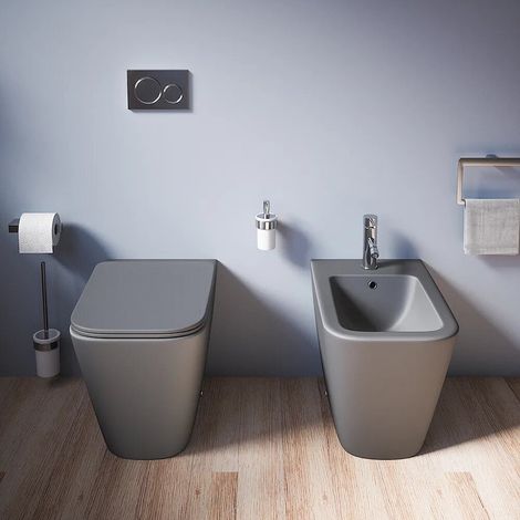Coppia di Sanitari Filomuro in Ceramica Grigio Opaco Vaso Rimless con Sedile Soft-close e Bidet Mod. Kyoto
