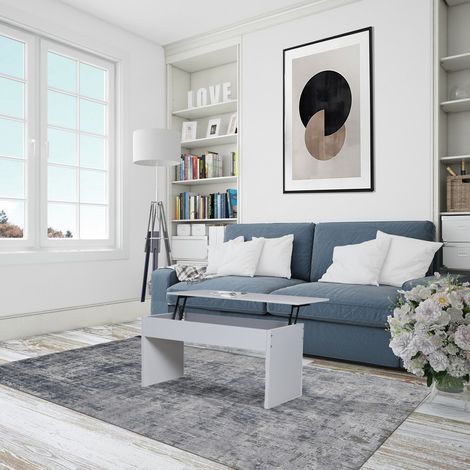 Le Quai Des Affaires – Table basse relevable blanche 100x40cm – Plateau escamotable – Hauteur 50/63cm – Rangement intégré – Mécanismes métalliques
