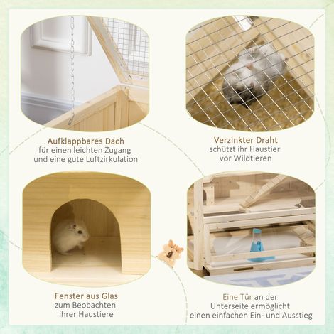 Cage pour rongeurs, habitat pour petit animal avec rampe et balançoire, fond amovible, bois de sapin naturel (1/5)
