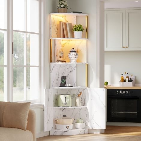 Armoire d'angle, meuble de rangement avec éclairage LED et prises électriques, buffet à 2 portes pour la cuisine, la salle à manger et le salon, 38 × 38 × 180 cm (1/5)